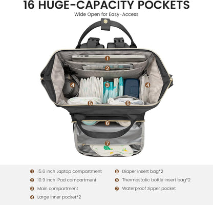 Diaper Bag Backpack, Baby Bag with Changing Station, Large Diaper Backpack for Mom Dads, Waterproof Mommy Bag for Boy and Girl, Travel Essential Baby Shower, Black-Beige