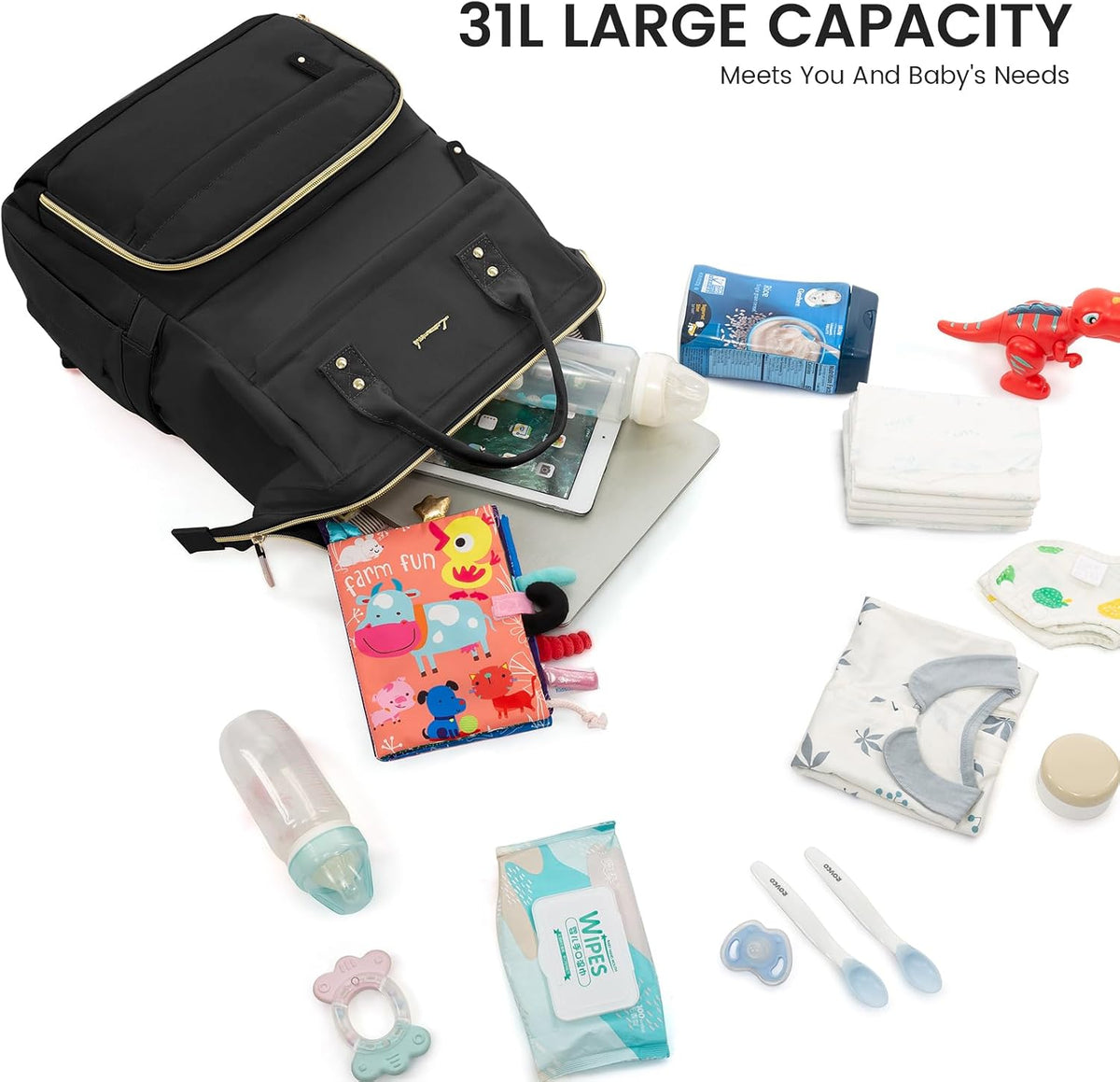 Diaper Bag Backpack, Baby Bag with Changing Station, Large Diaper Backpack for Mom Dads, Waterproof Mommy Bag for Boy and Girl, Travel Essential Baby Shower, Black-Beige
