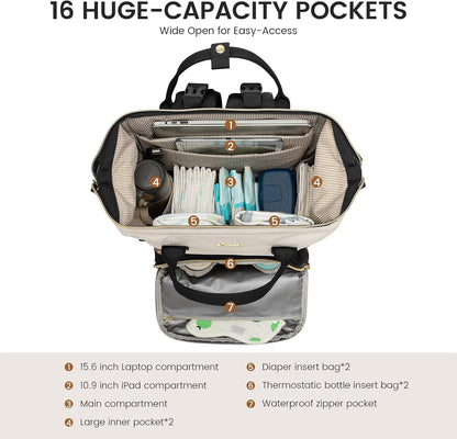 Diaper Bag Backpack, Baby Bag with Changing Station, Large Diaper Backpack for Mom Dads, Waterproof Mommy Bag for Boy and Girl, Travel Essential Baby Shower, Black-Beige