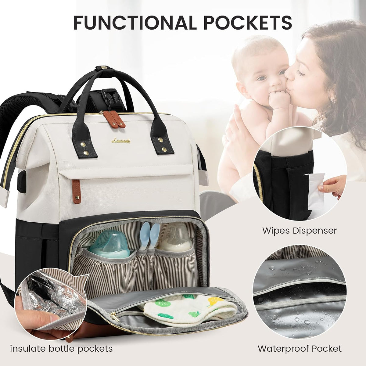 Diaper Bag Backpack, Baby Bag with Changing Station, Large Diaper Backpack for Mom Dads, Waterproof Mommy Bag for Boy and Girl, Travel Essential Baby Shower, Black-Beige