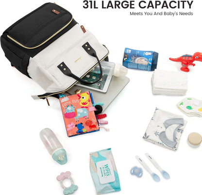 Diaper Bag Backpack, Baby Bag with Changing Station, Large Diaper Backpack for Mom Dads, Waterproof Mommy Bag for Boy and Girl, Travel Essential Baby Shower, Black-Beige