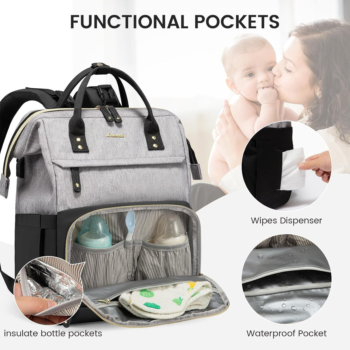 Diaper Bag Backpack, Baby Bag with Changing Station, Large Diaper Backpack for Mom Dads, Waterproof Mommy Bag for Boy and Girl, Travel Essential Baby Shower, Black-Beige
