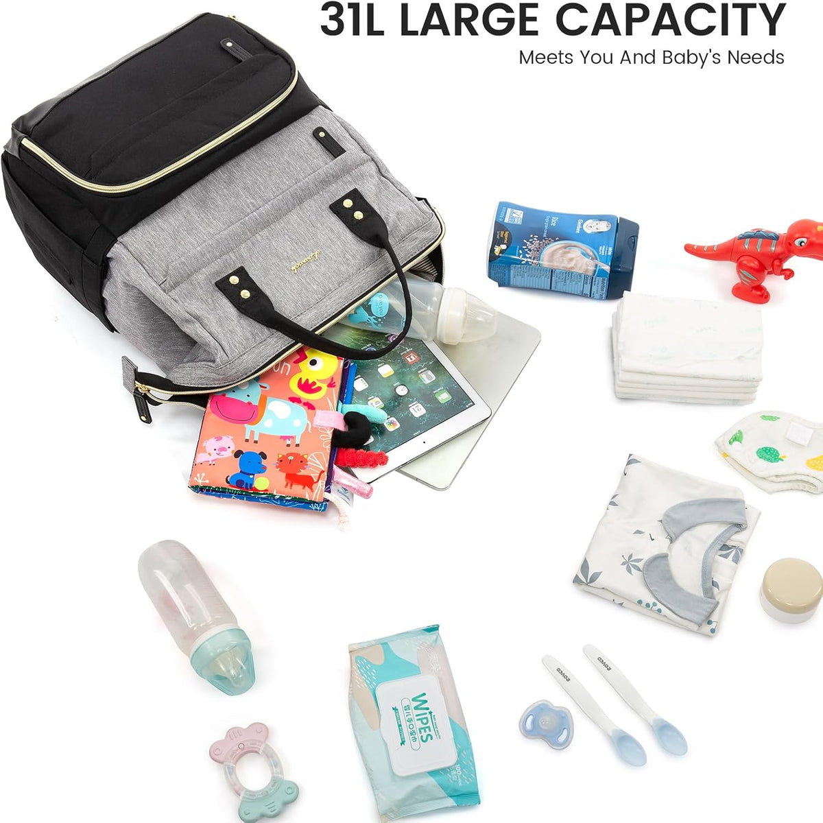 Diaper Bag Backpack, Baby Bag with Changing Station, Large Diaper Backpack for Mom Dads, Waterproof Mommy Bag for Boy and Girl, Travel Essential Baby Shower, Black-Beige