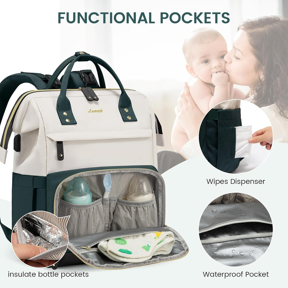 Diaper Bag Backpack, Baby Bag with Changing Station, Large Diaper Backpack for Mom Dads, Waterproof Mommy Bag for Boy and Girl, Travel Essential Baby Shower, Black-Beige