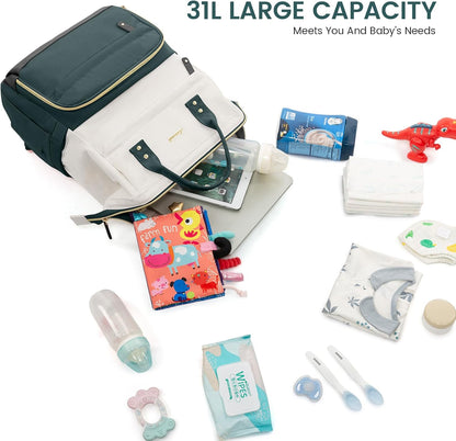 Diaper Bag Backpack, Baby Bag with Changing Station, Large Diaper Backpack for Mom Dads, Waterproof Mommy Bag for Boy and Girl, Travel Essential Baby Shower, Black-Beige