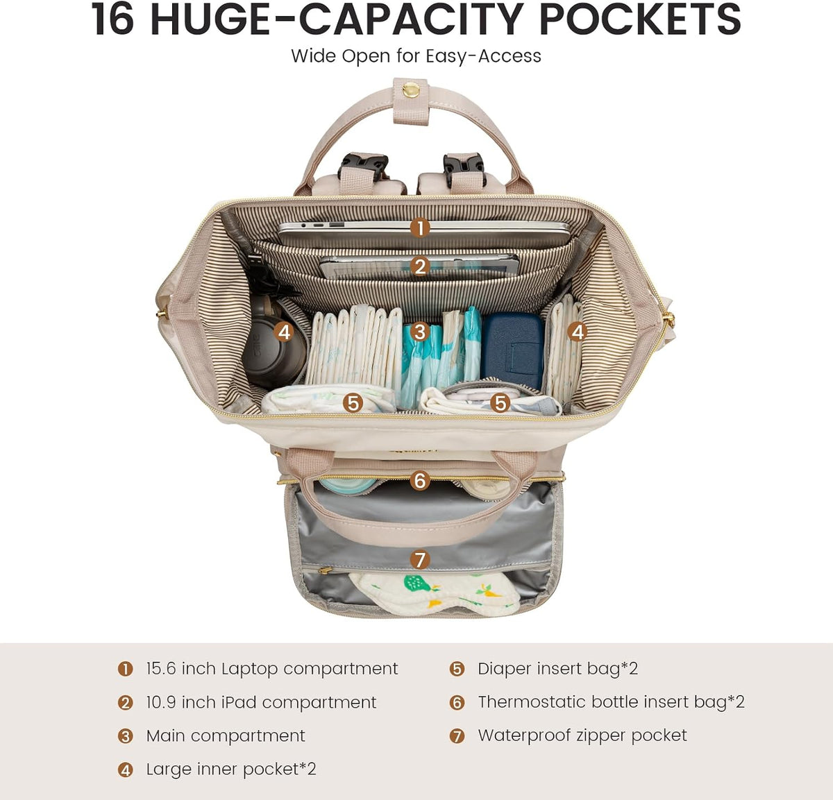 Diaper Bag Backpack, Baby Bag with Changing Station, Large Diaper Backpack for Mom Dads, Waterproof Mommy Bag for Boy and Girl, Travel Essential Baby Shower, Black-Beige