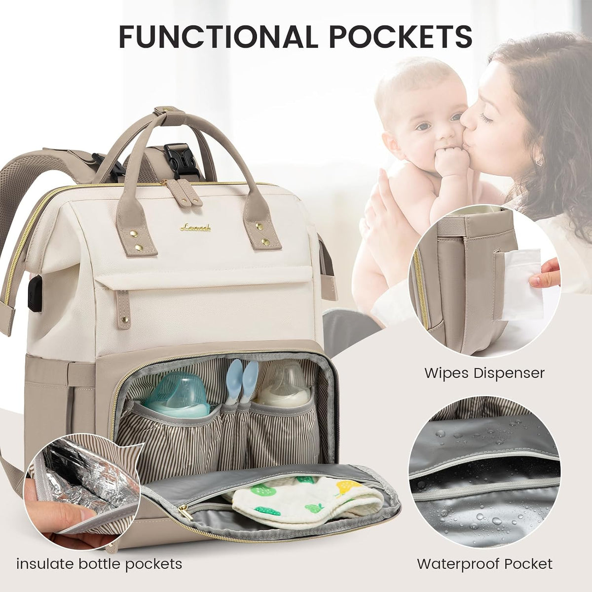 Diaper Bag Backpack, Baby Bag with Changing Station, Large Diaper Backpack for Mom Dads, Waterproof Mommy Bag for Boy and Girl, Travel Essential Baby Shower, Black-Beige