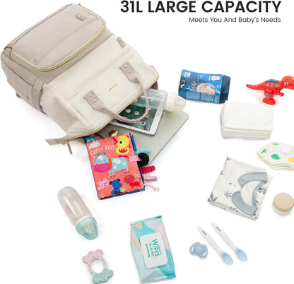Diaper Bag Backpack, Baby Bag with Changing Station, Large Diaper Backpack for Mom Dads, Waterproof Mommy Bag for Boy and Girl, Travel Essential Baby Shower, Black-Beige