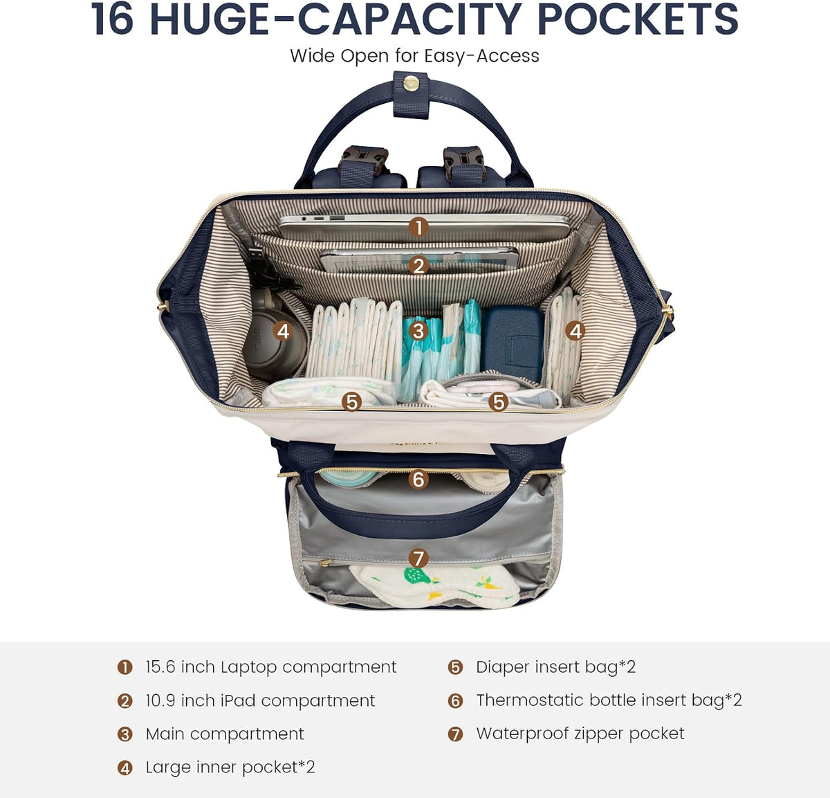 Diaper Bag Backpack, Baby Bag with Changing Station, Large Diaper Backpack for Mom Dads, Waterproof Mommy Bag for Boy and Girl, Travel Essential Baby Shower, Black-Beige