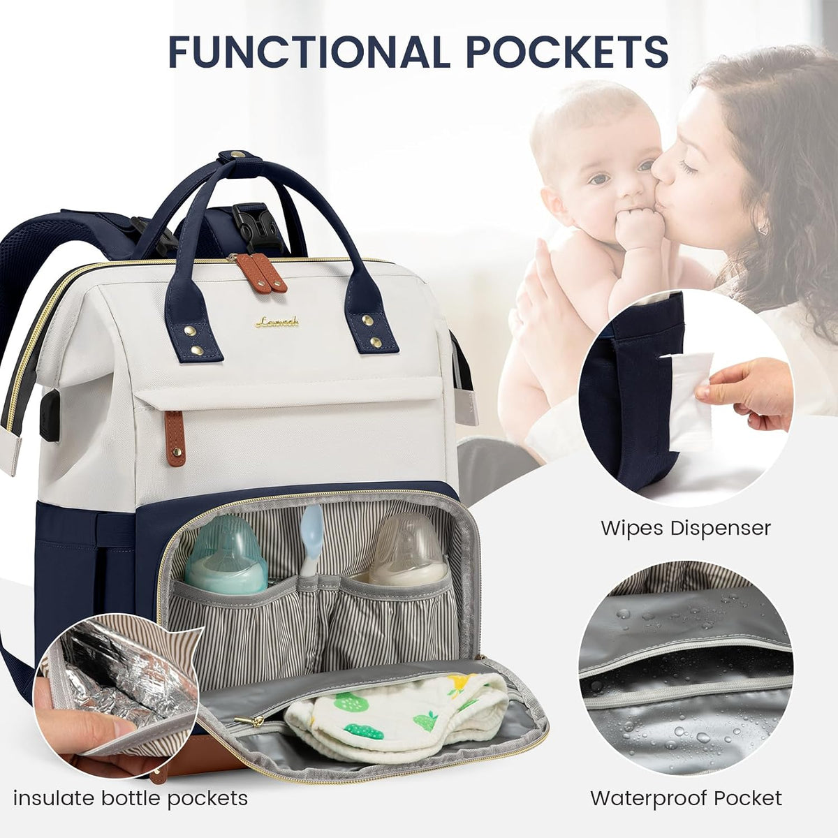 Diaper Bag Backpack, Baby Bag with Changing Station, Large Diaper Backpack for Mom Dads, Waterproof Mommy Bag for Boy and Girl, Travel Essential Baby Shower, Black-Beige