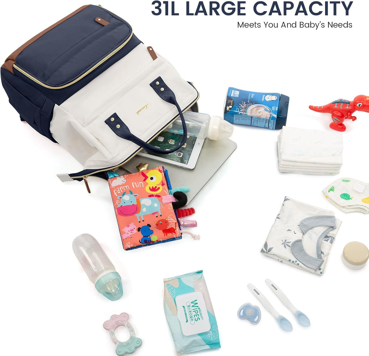 Diaper Bag Backpack, Baby Bag with Changing Station, Large Diaper Backpack for Mom Dads, Waterproof Mommy Bag for Boy and Girl, Travel Essential Baby Shower, Black-Beige