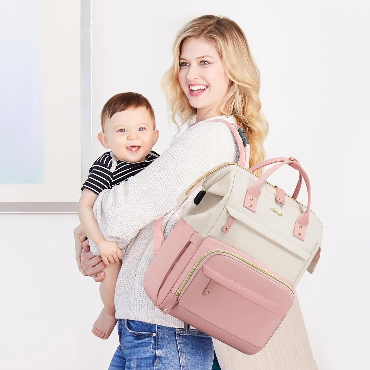 Diaper Bag Backpack, Baby Bag with Changing Station, Large Diaper Backpack for Mom Dads, Waterproof Mommy Bag for Boy and Girl, Travel Essential Baby Shower, Black-Beige