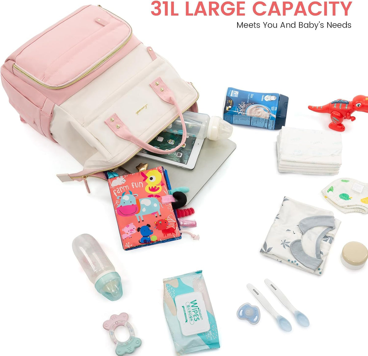Diaper Bag Backpack, Baby Bag with Changing Station, Large Diaper Backpack for Mom Dads, Waterproof Mommy Bag for Boy and Girl, Travel Essential Baby Shower, Black-Beige