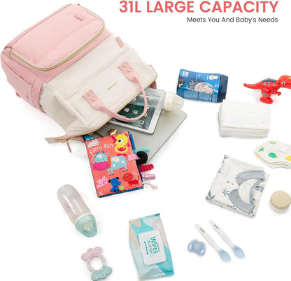 Diaper Bag Backpack, Baby Bag with Changing Station, Large Diaper Backpack for Mom Dads, Waterproof Mommy Bag for Boy and Girl, Travel Essential Baby Shower, Black-Beige
