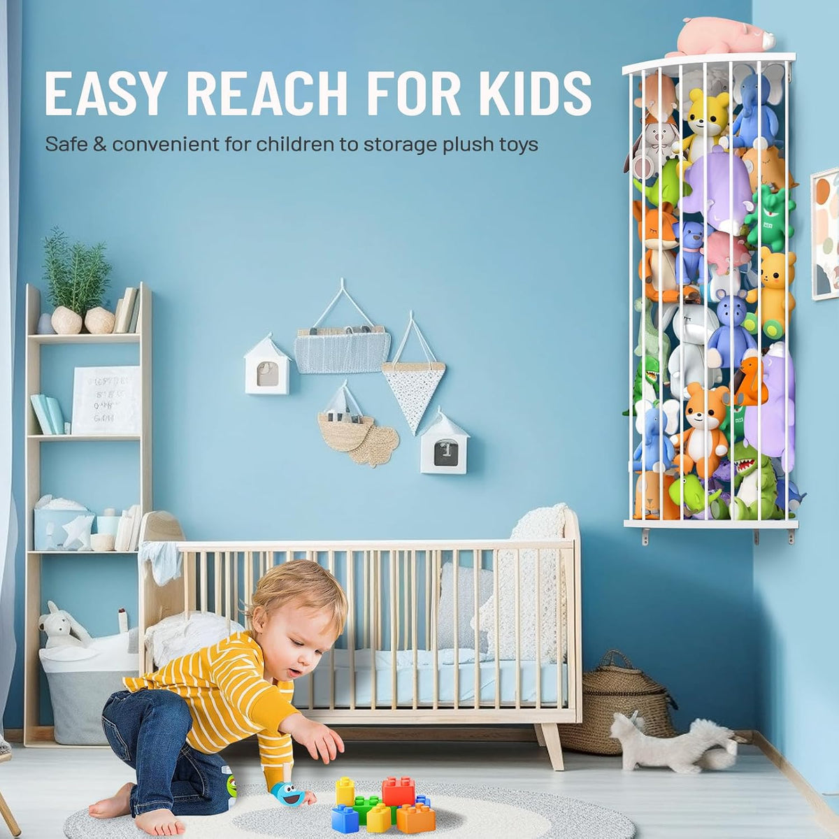 Corner Stuffed Animal Storage Shelf Sleek White - Adjustable Height (44"-71") | Durable Hanging Stuffed Animal Toy Plush Organizer for Modern Nursery, Kids' Bedroom & Playroom