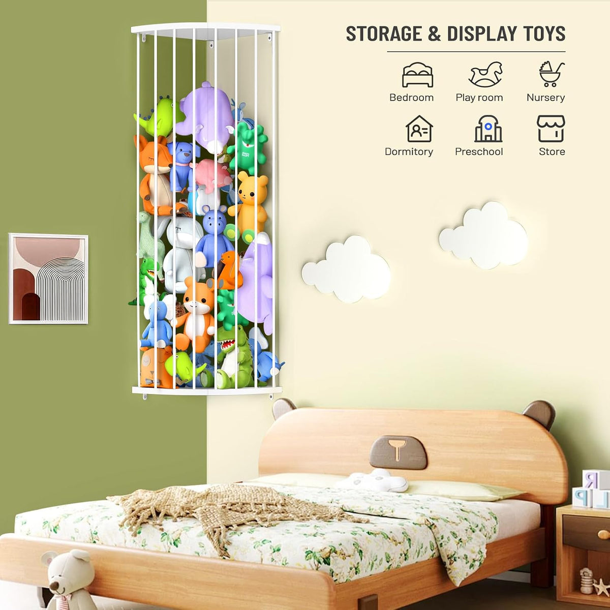 Corner Stuffed Animal Storage Shelf Sleek White - Adjustable Height (44"-71") | Durable Hanging Stuffed Animal Toy Plush Organizer for Modern Nursery, Kids' Bedroom & Playroom