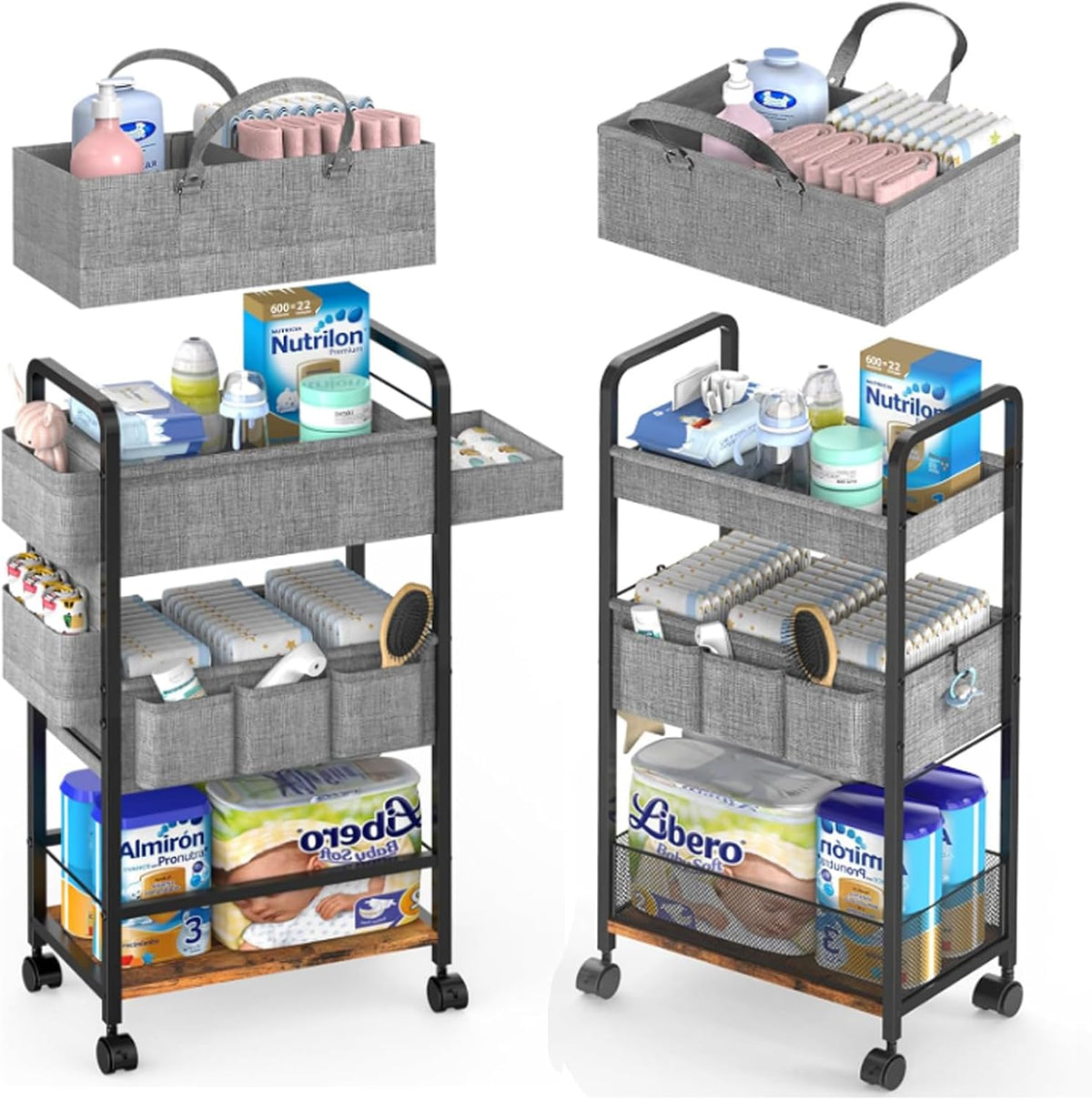 2In1 Baby Diaper Caddy & Rolling Diaper Cart, Diaper Caddy Organizer Cart with Dividers, Mobile Metal Utility Cart for Nursery Essentials, Detachable Bedside Cart, Large Capacity