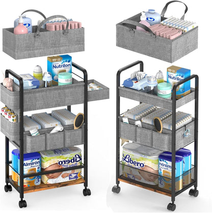 2In1 Baby Diaper Caddy & Rolling Diaper Cart, Diaper Caddy Organizer Cart with Dividers, Mobile Metal Utility Cart for Nursery Essentials, Detachable Bedside Cart, Large Capacity