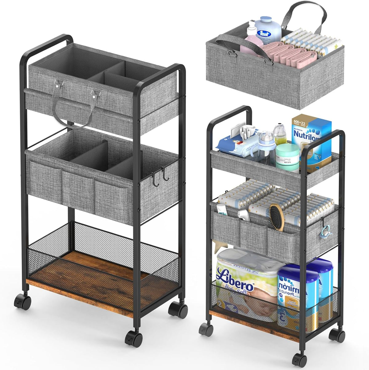 2In1 Baby Diaper Caddy & Rolling Diaper Cart, Diaper Caddy Organizer Cart with Dividers, Mobile Metal Utility Cart for Nursery Essentials, Detachable Bedside Cart, Large Capacity