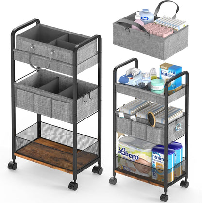2In1 Baby Diaper Caddy & Rolling Diaper Cart, Diaper Caddy Organizer Cart with Dividers, Mobile Metal Utility Cart for Nursery Essentials, Detachable Bedside Cart, Large Capacity