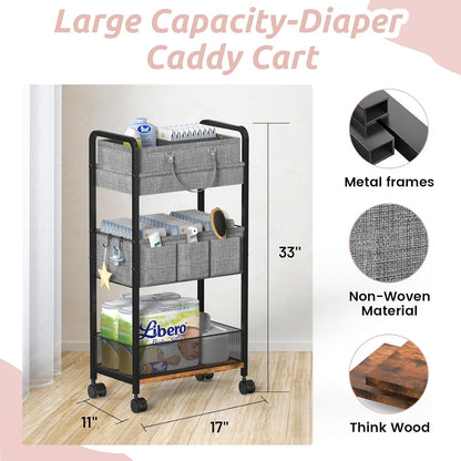 2In1 Baby Diaper Caddy & Rolling Diaper Cart, Diaper Caddy Organizer Cart with Dividers, Mobile Metal Utility Cart for Nursery Essentials, Detachable Bedside Cart, Large Capacity