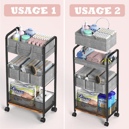 2In1 Baby Diaper Caddy & Rolling Diaper Cart, Diaper Caddy Organizer Cart with Dividers, Mobile Metal Utility Cart for Nursery Essentials, Detachable Bedside Cart, Large Capacity
