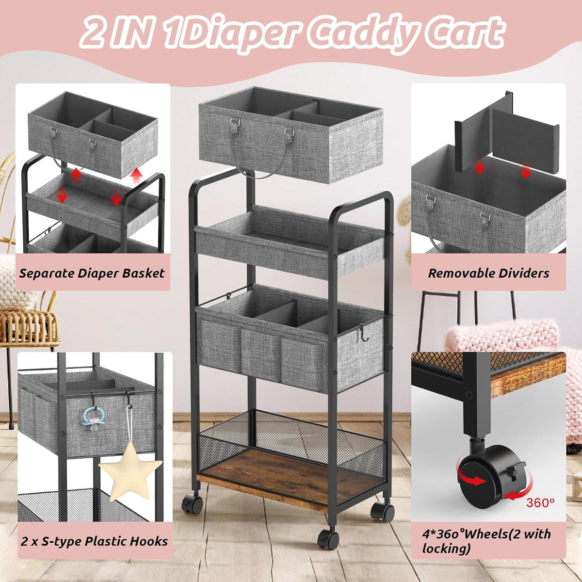 2In1 Baby Diaper Caddy & Rolling Diaper Cart, Diaper Caddy Organizer Cart with Dividers, Mobile Metal Utility Cart for Nursery Essentials, Detachable Bedside Cart, Large Capacity