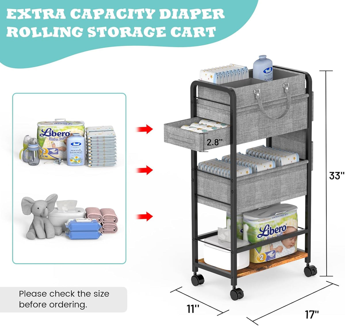 2In1 Baby Diaper Caddy & Rolling Diaper Cart, Diaper Caddy Organizer Cart with Dividers, Mobile Metal Utility Cart for Nursery Essentials, Detachable Bedside Cart, Large Capacity