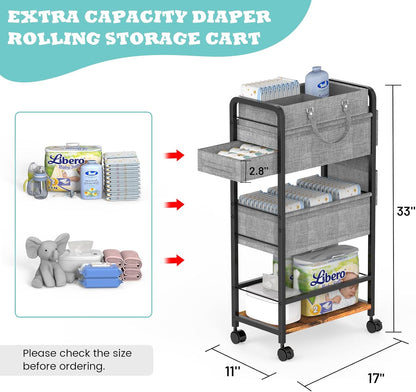 2In1 Baby Diaper Caddy & Rolling Diaper Cart, Diaper Caddy Organizer Cart with Dividers, Mobile Metal Utility Cart for Nursery Essentials, Detachable Bedside Cart, Large Capacity