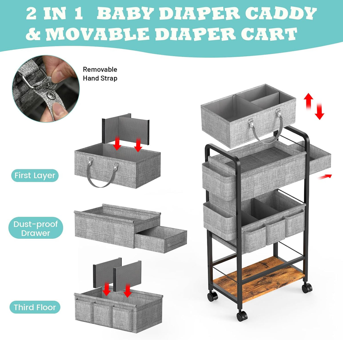 2In1 Baby Diaper Caddy & Rolling Diaper Cart, Diaper Caddy Organizer Cart with Dividers, Mobile Metal Utility Cart for Nursery Essentials, Detachable Bedside Cart, Large Capacity