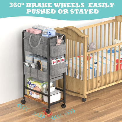 2In1 Baby Diaper Caddy & Rolling Diaper Cart, Diaper Caddy Organizer Cart with Dividers, Mobile Metal Utility Cart for Nursery Essentials, Detachable Bedside Cart, Large Capacity