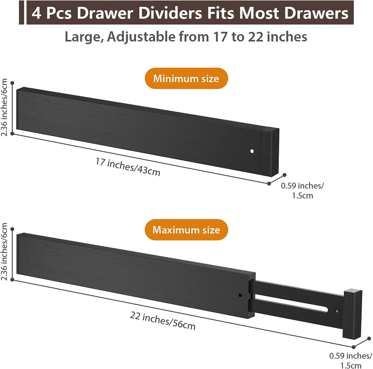4 Pack Bamboo Drawer Dividers 17-22" Adjustable Kitchen Organizer, Natural