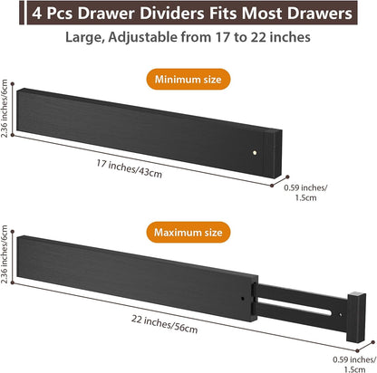 4 Pack Bamboo Drawer Dividers 17-22" Adjustable Kitchen Organizer, Natural