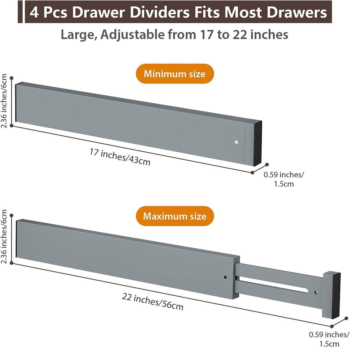 4 Pack Bamboo Drawer Dividers 17-22" Adjustable Kitchen Organizer, Natural