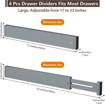 4 Pack Bamboo Drawer Dividers 17-22" Adjustable Kitchen Organizer, Natural
