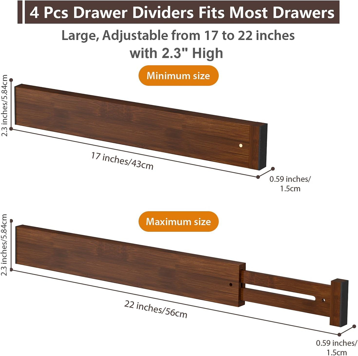 4 Pack Bamboo Drawer Dividers 17-22" Adjustable Kitchen Organizer, Natural