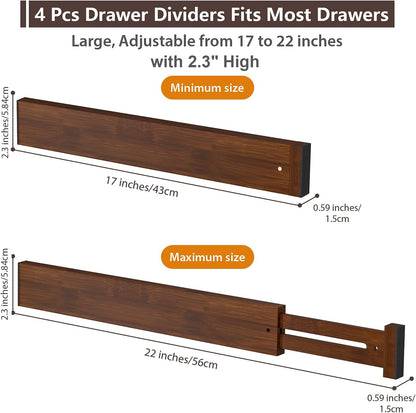 4 Pack Bamboo Drawer Dividers 17-22" Adjustable Kitchen Organizer, Natural