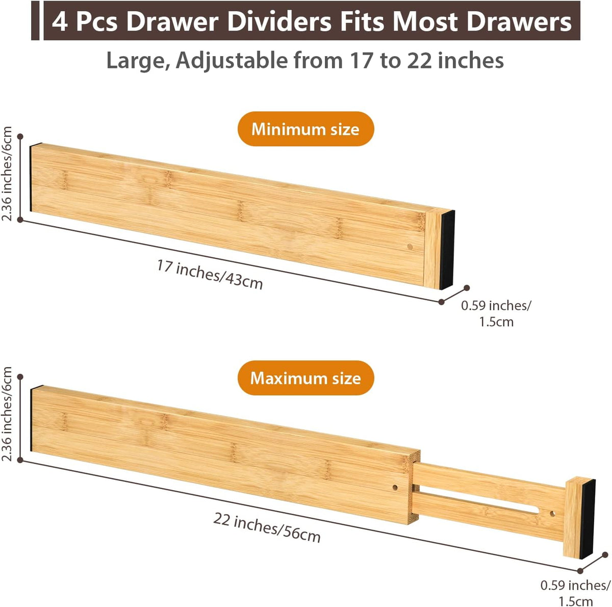 4 Pack Bamboo Drawer Dividers 17-22" Adjustable Kitchen Organizer, Natural