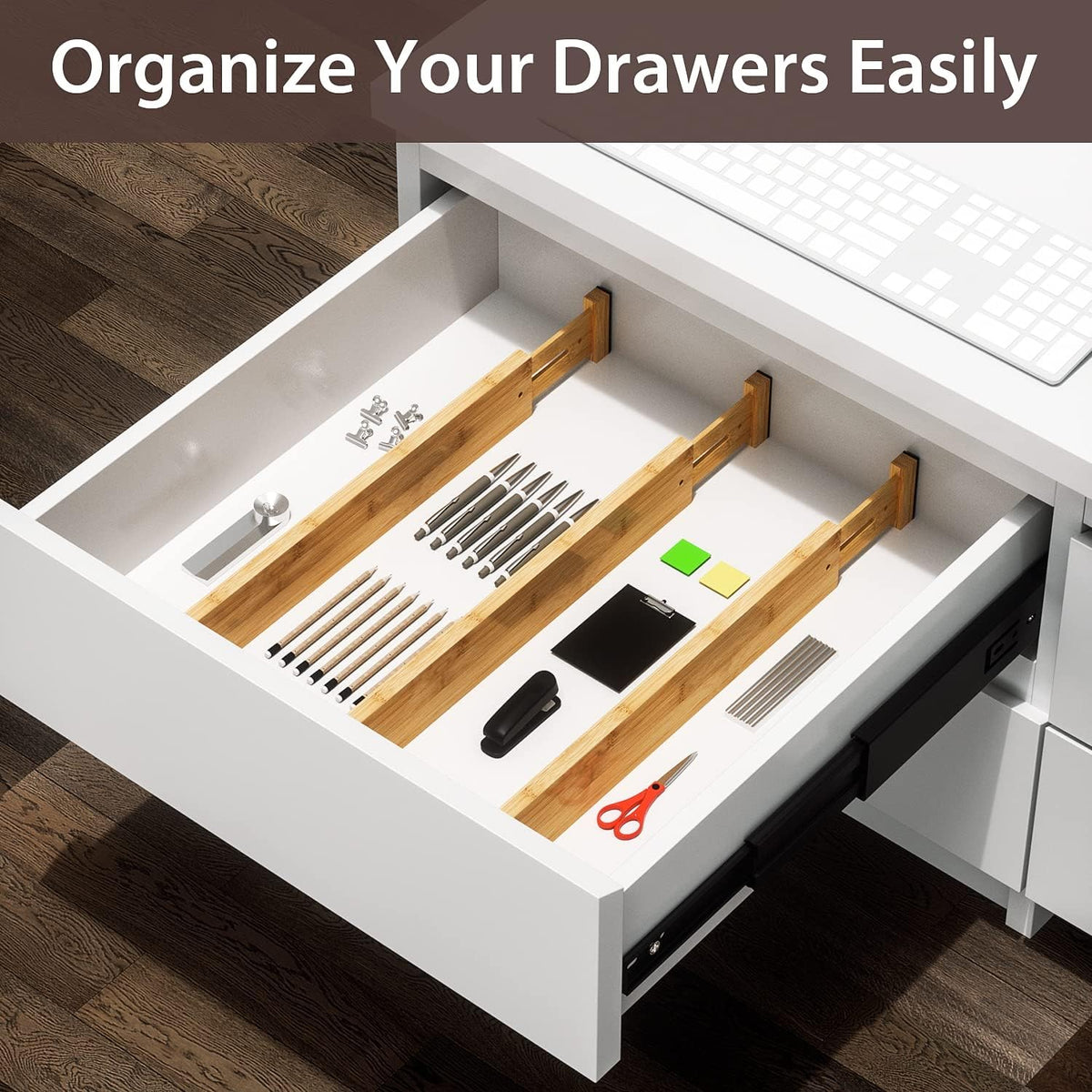 4 Pack Bamboo Drawer Dividers 17-22" Adjustable Kitchen Organizer, Natural