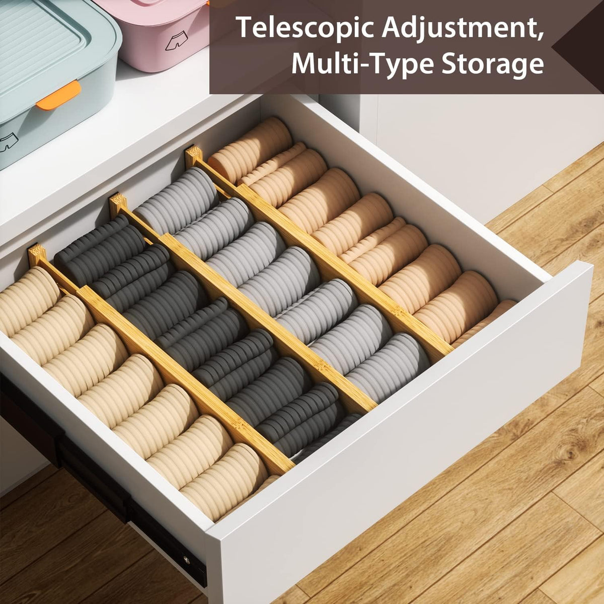 4 Pack Bamboo Drawer Dividers 17-22" Adjustable Kitchen Organizer, Natural