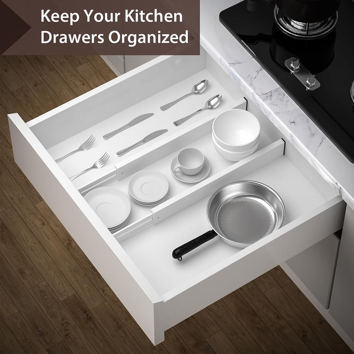 4 Pack Bamboo Drawer Dividers 17-22" Adjustable Kitchen Organizer, Natural