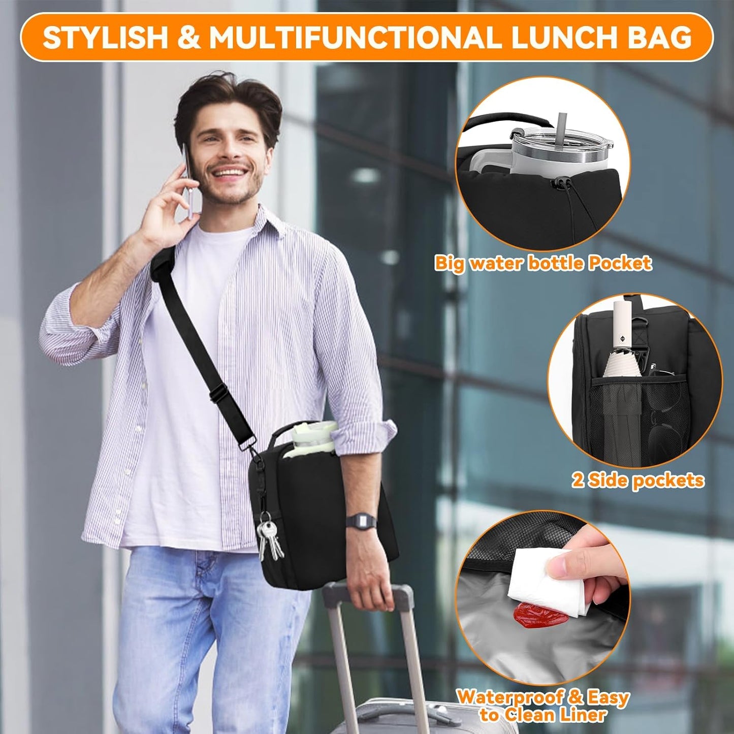 Insulated Lunch Bag for Man & Women with Adjustable Shoulder Strap - Compatible with 30/40 OZ Stanley Cups, Leakproof Cooler Lunch Tote Bag for Office, Work, Travel, Picnic (Black)