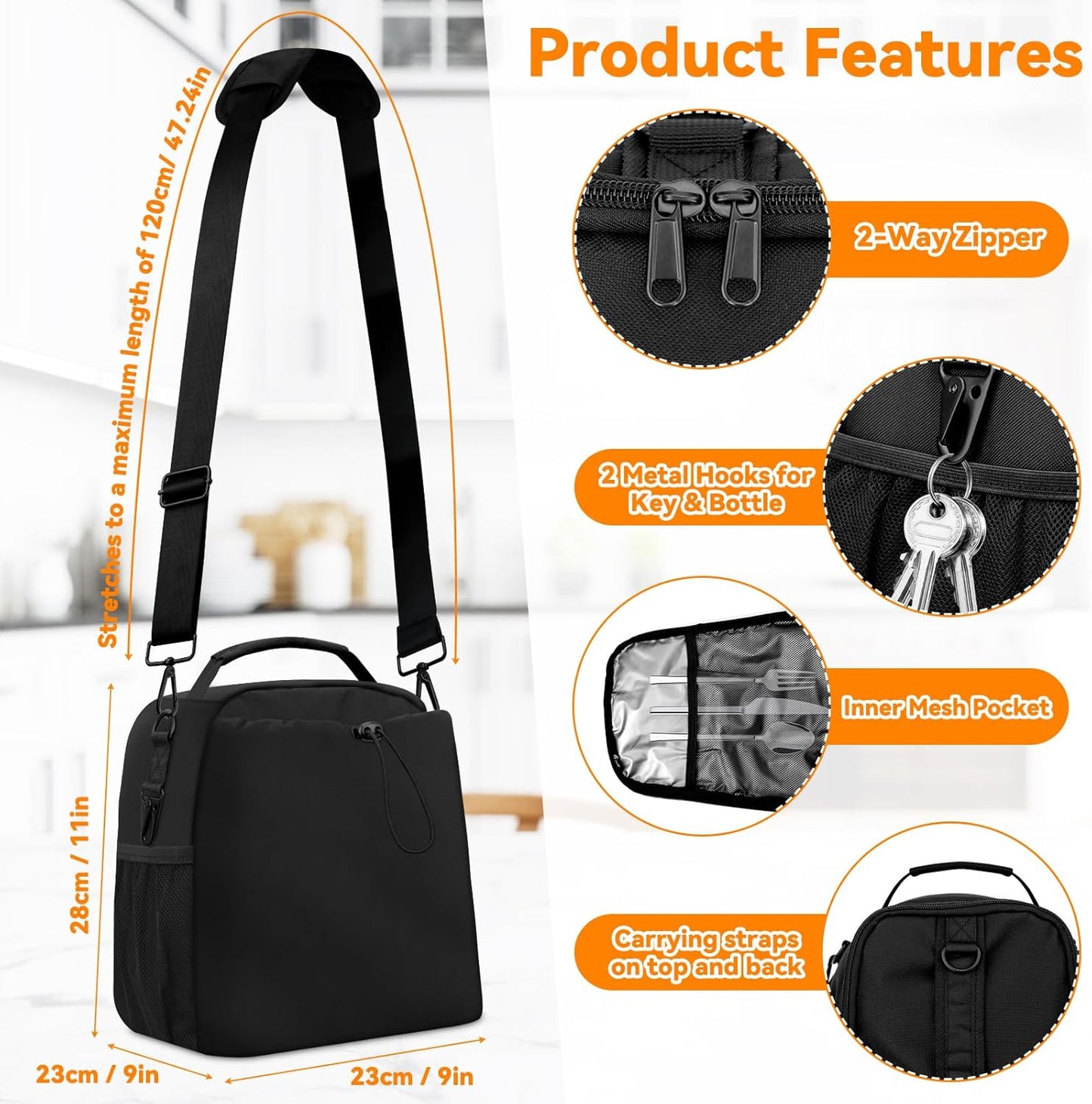 Insulated Lunch Bag for Man & Women with Adjustable Shoulder Strap - Compatible with 30/40 OZ Stanley Cups, Leakproof Cooler Lunch Tote Bag for Office, Work, Travel, Picnic (Black)