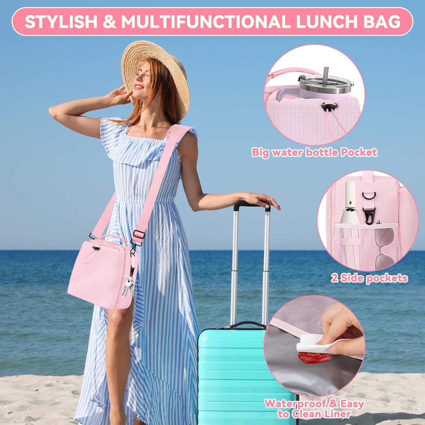 Insulated Lunch Bag for Man & Women with Adjustable Shoulder Strap - Compatible with 30/40 OZ Stanley Cups, Leakproof Cooler Lunch Tote Bag for Office, Work, Travel, Picnic (Black)