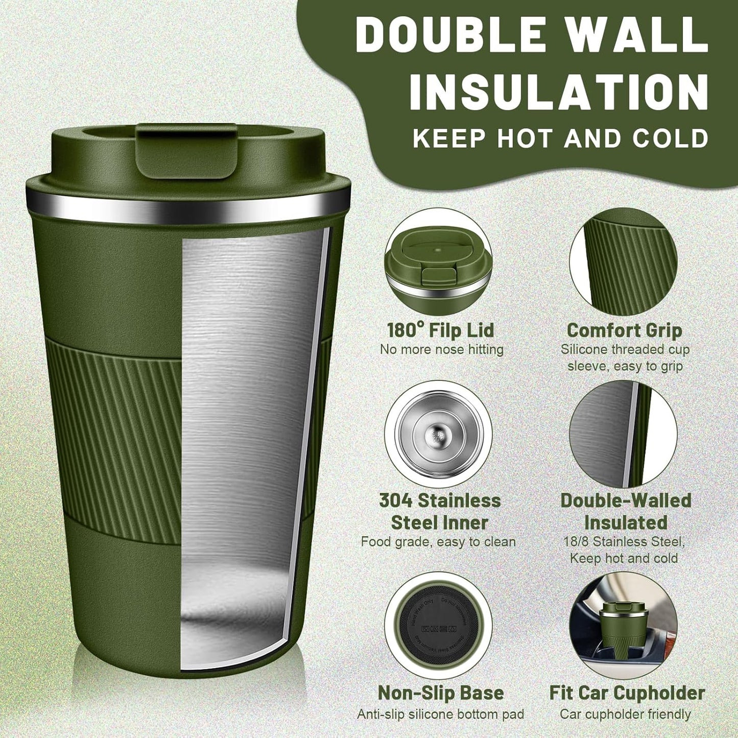 Insulated Coffee Tumblers with Flip Lid 12oz / 17oz, Stainless Steel Coffee Mug Leak Proof, Vacuum Insulated Coffee Mug Reusable Cup, Keeps Cold and Hot for Coffee Tea