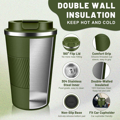 Insulated Coffee Tumblers with Flip Lid 12oz / 17oz, Stainless Steel Coffee Mug Leak Proof, Vacuum Insulated Coffee Mug Reusable Cup, Keeps Cold and Hot for Coffee Tea