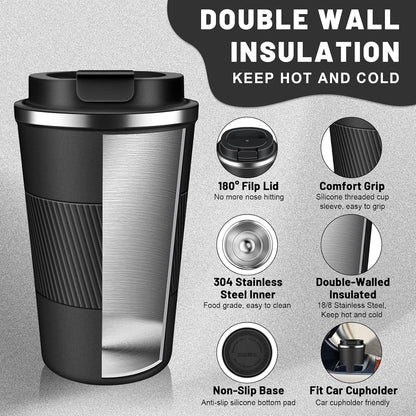 Insulated Coffee Tumblers with Flip Lid 12oz / 17oz, Stainless Steel Coffee Mug Leak Proof, Vacuum Insulated Coffee Mug Reusable Cup, Keeps Cold and Hot for Coffee Tea