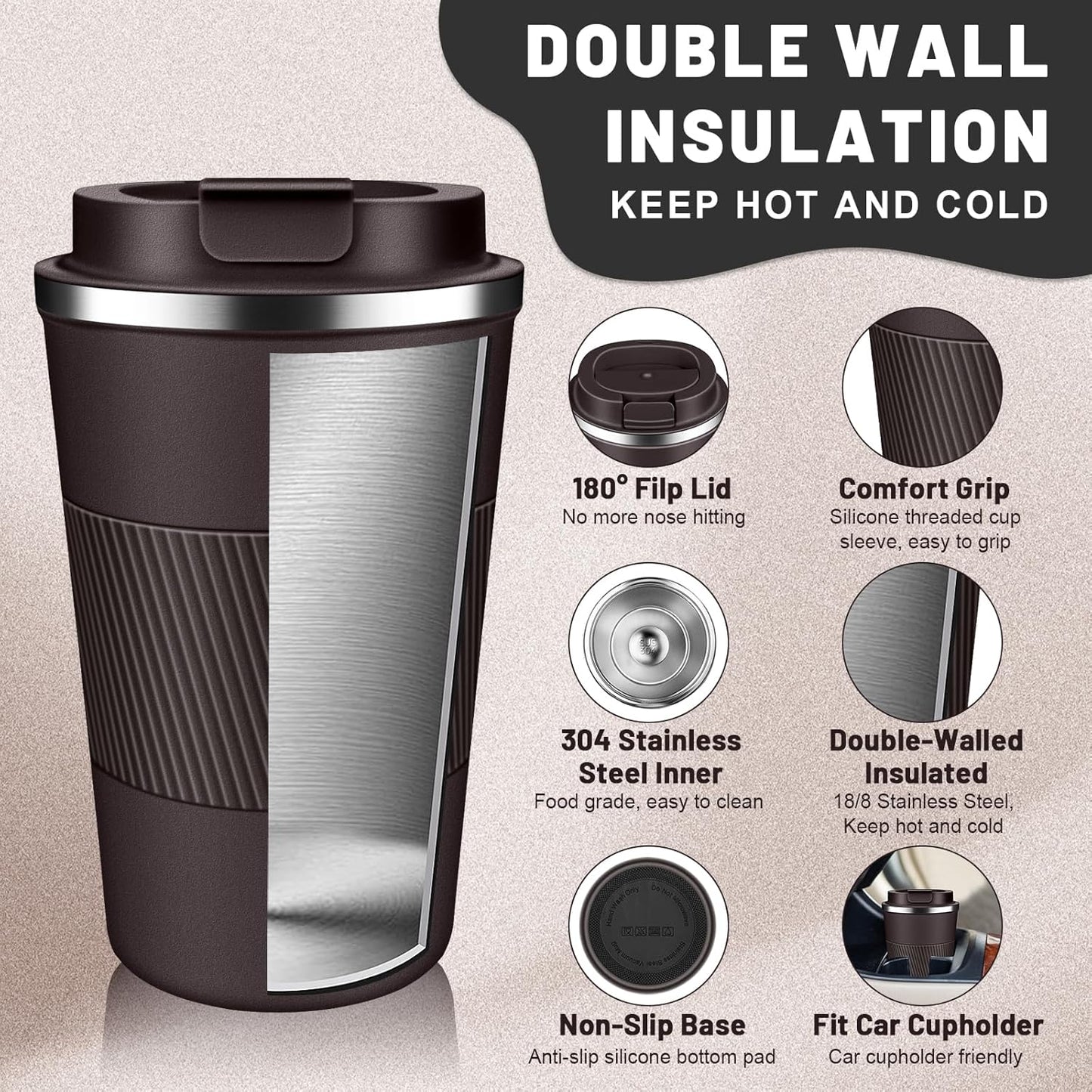 Insulated Coffee Tumblers with Flip Lid 12oz / 17oz, Stainless Steel Coffee Mug Leak Proof, Vacuum Insulated Coffee Mug Reusable Cup, Keeps Cold and Hot for Coffee Tea