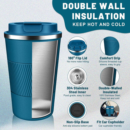 Insulated Coffee Tumblers with Flip Lid 12oz / 17oz, Stainless Steel Coffee Mug Leak Proof, Vacuum Insulated Coffee Mug Reusable Cup, Keeps Cold and Hot for Coffee Tea