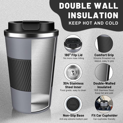 Insulated Coffee Tumblers with Flip Lid 12oz / 17oz, Stainless Steel Coffee Mug Leak Proof, Vacuum Insulated Coffee Mug Reusable Cup, Keeps Cold and Hot for Coffee Tea